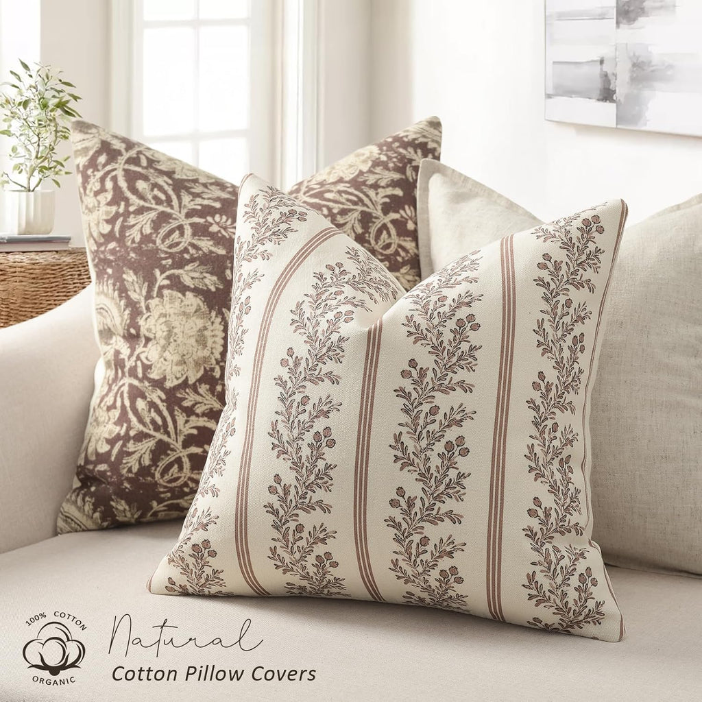 Vintage Throw Pillow Covers 18x18 Set of 2, Striped Floral Pillow Cover Botanical Patterned Decorative Cushion Covers Modern Farmhouse Home Decor for Sofa Couch Bed Living Room, Almond