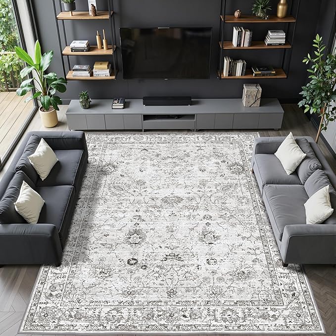 Grey White Area Rugs 9x12 Living Room, Washable Rug Non Slip Floral Low Pile - Image 2