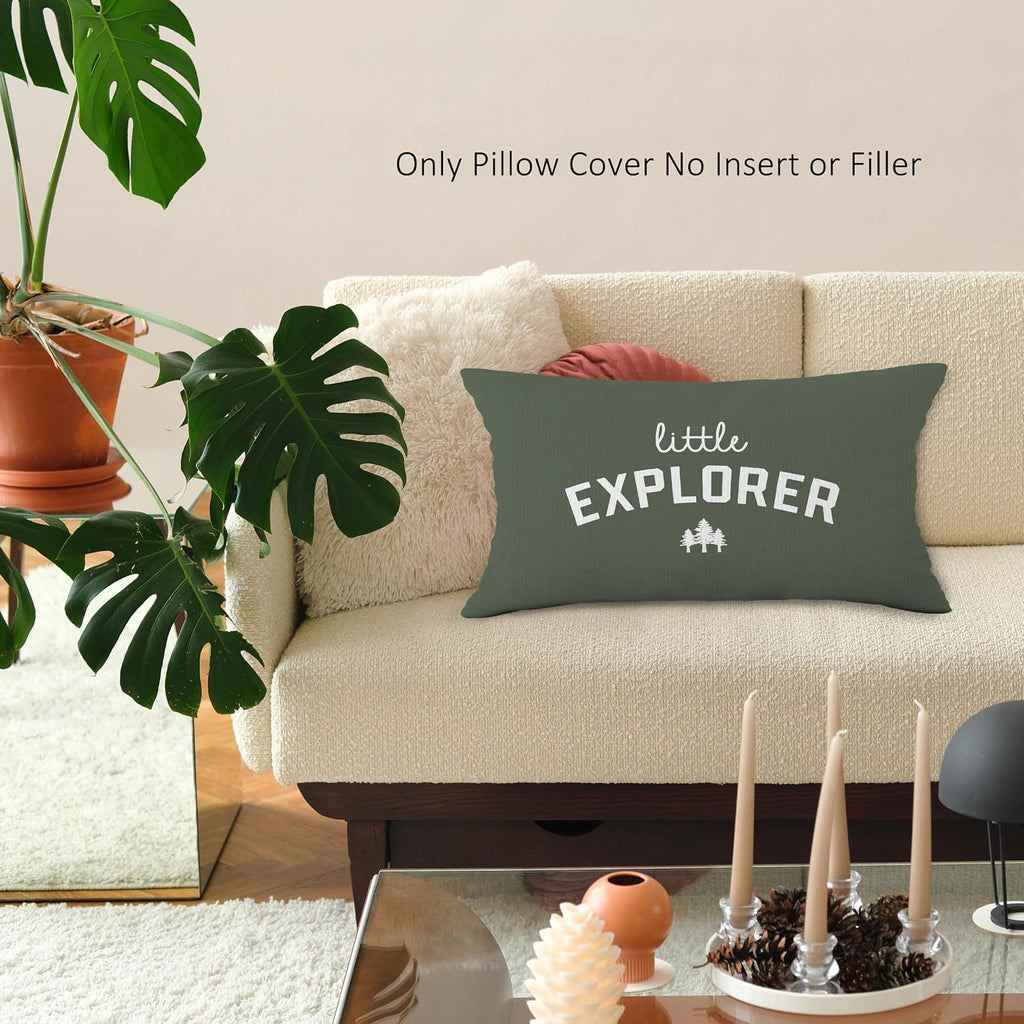 Little Explorer Throw Pillow Covers, Olive Green Themed Square Adventure Pillow Case Cover for Couch, Woodland Nursery Cushion Cover Case for Kids Room Nursery Toddler Dorm Bedroom, 12x20