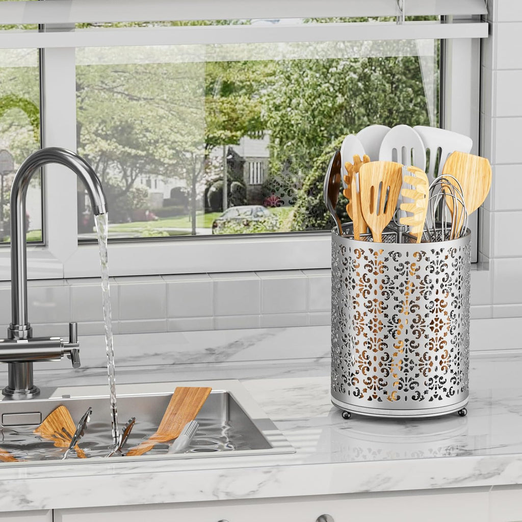 360° Rotating Utensil Holder: Extra Large Cooking Silverware Caddy QuickDry