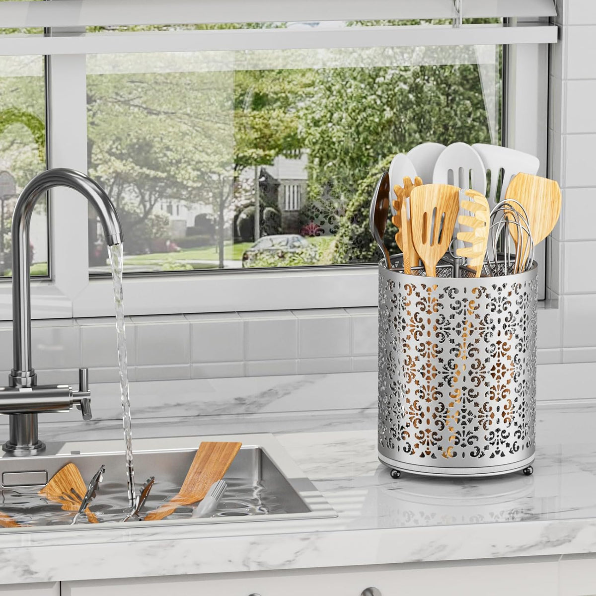 360° Rotating Utensil Holder: Extra Large Cooking Silverware Caddy QuickDry