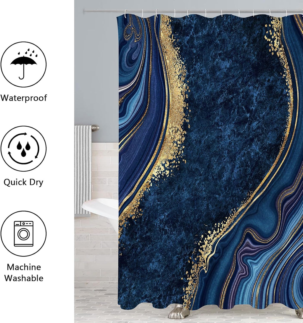 4 Pcs Luxury Marble Shower Curtain Set with Non-Slip Rugs, Toilet Lid Cover and Bath Mat, Gold Foil Navy Blue Bathroom Decor Set with Shower Curtain and Rugs and Accessories
