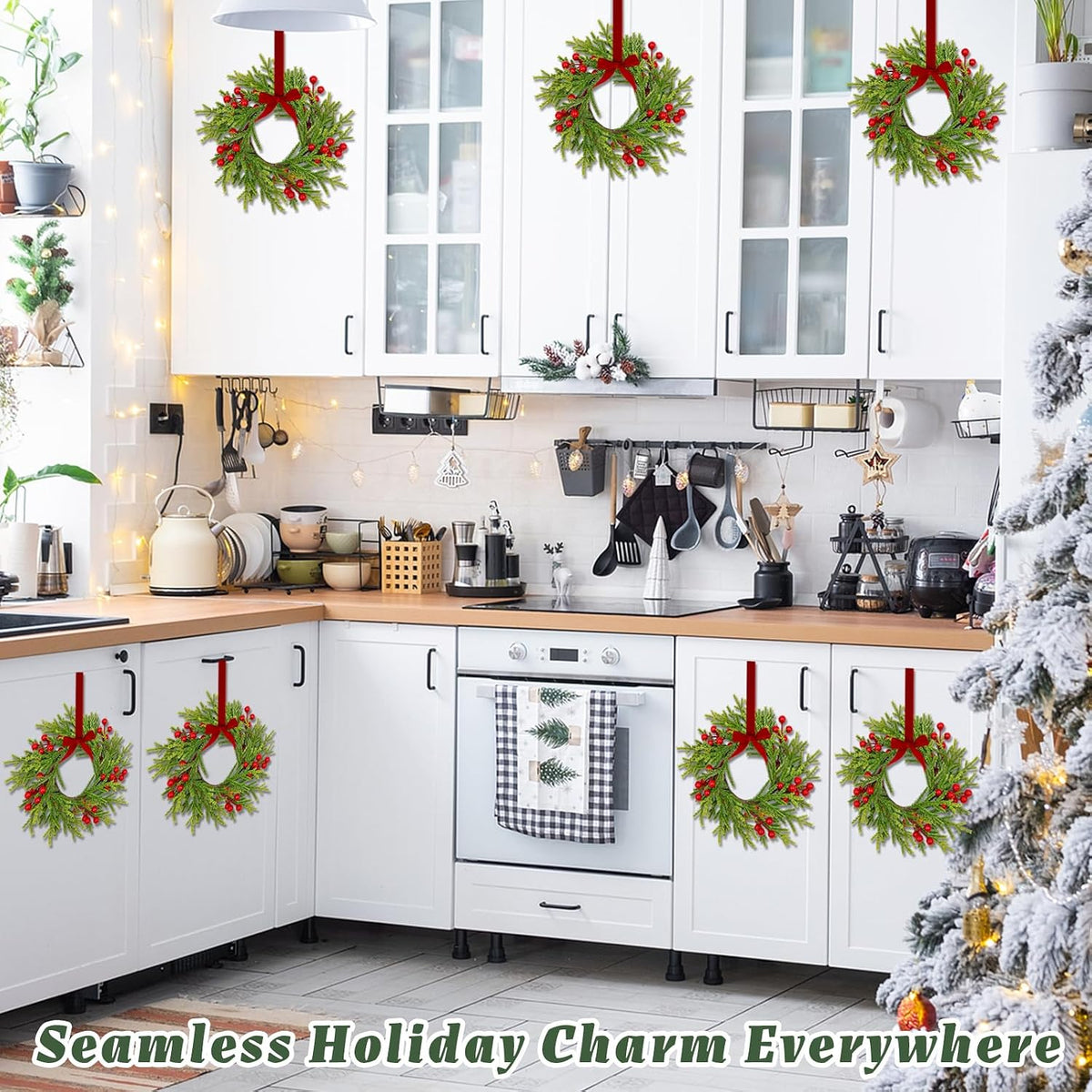 6 Pack Mini Christmas Wreaths for Kitchen Cabinets,with Ribbon Bows Berry