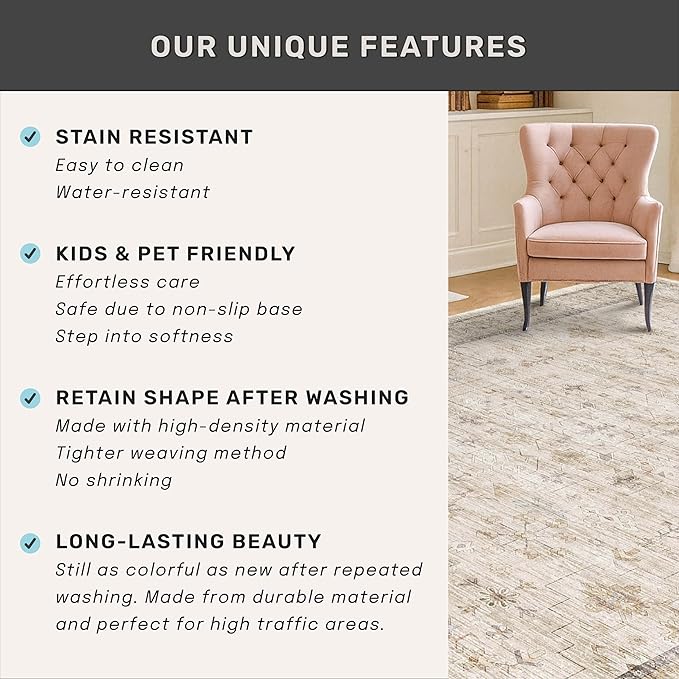 Hazo Haus Washable Ivory Living Room Rug, 8x10 Non Slip Area Rugs - Image 7