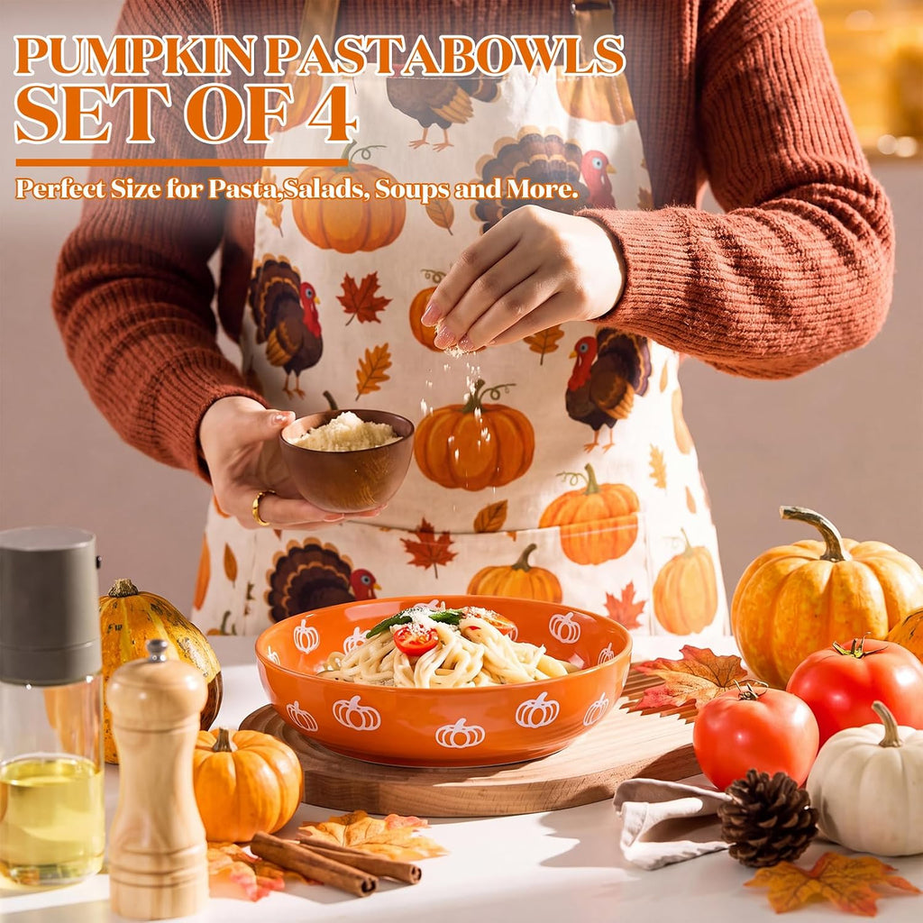 4 Pcs Thanksgiving Pumpkin Pasta Bowls 40 oz Ceramic Dinnerware Set