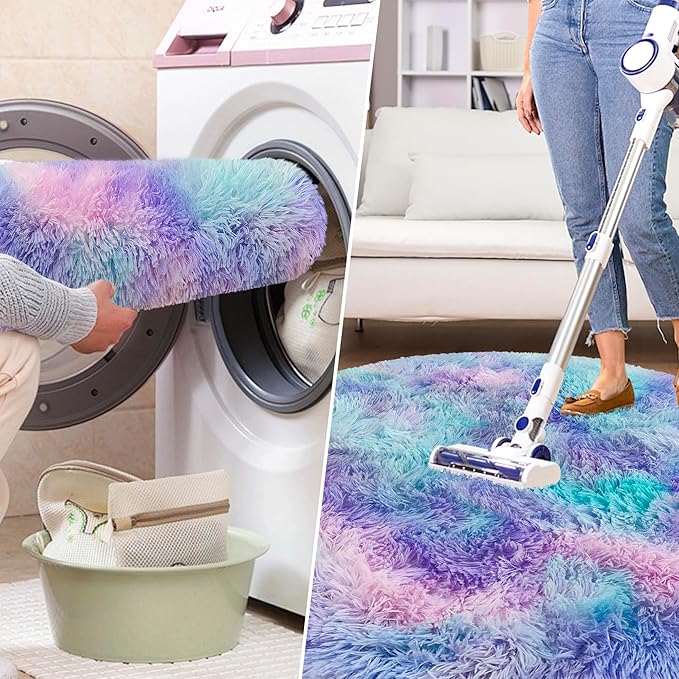 Tie Dye Rainbow Round Rugs Small 2x2 ft Fluffy Circle Rug Furry Carpet Shaggy - Image 7
