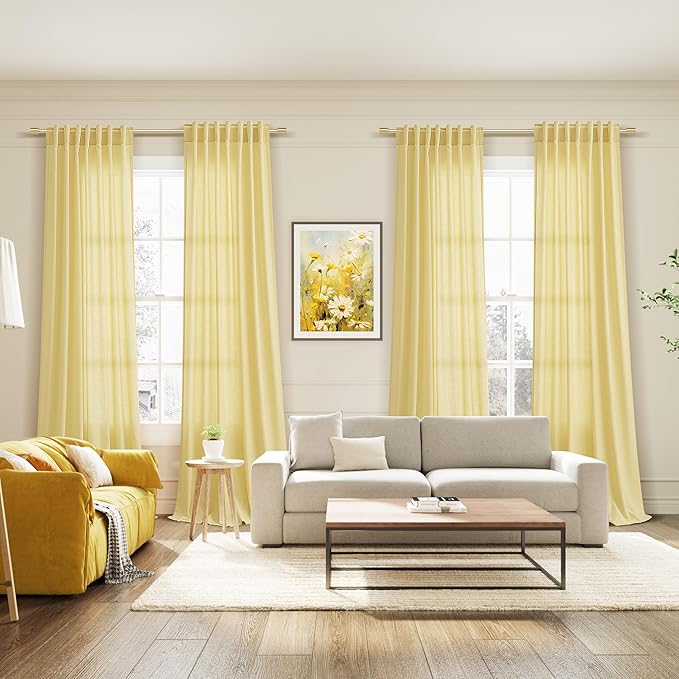 Yellow Linen Blend Drapes 84 Inch Length 2 Panels Set Back Tab Rod Pocket Light - Image 7