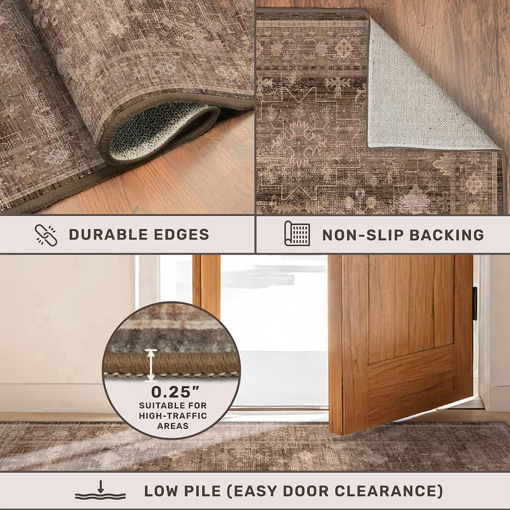 Brown Boho Washable 2x6 Runner Rugs for Hallway Kitchen Bedroom Beside Laundry Room Bathroom Rug, Pet & Kids Friendly, Non Slip Low Pile Stain Resistant Soft Faux Wool Long 24 x 72 Floor Carpet