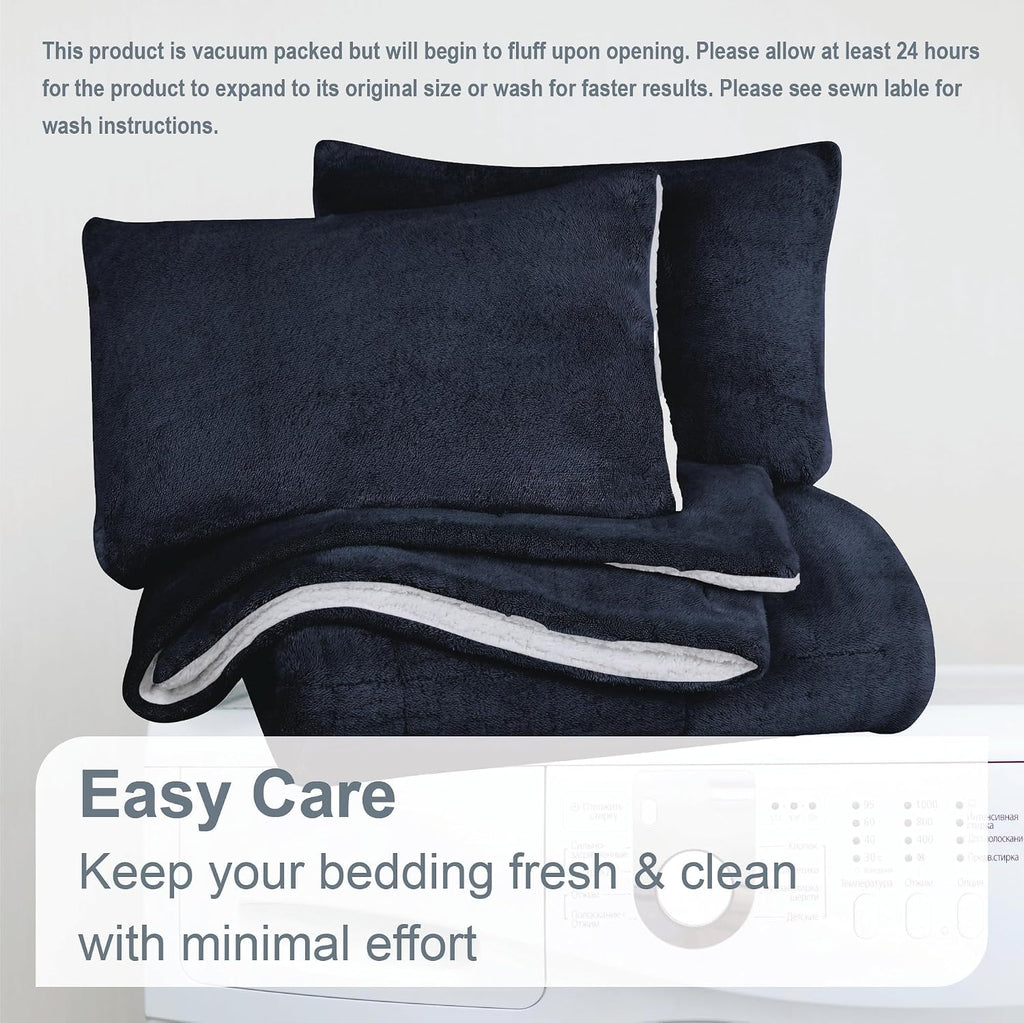 Swift Home Full/Queen Comforter Set, Reversible Faux Fur Sherpa, Navy