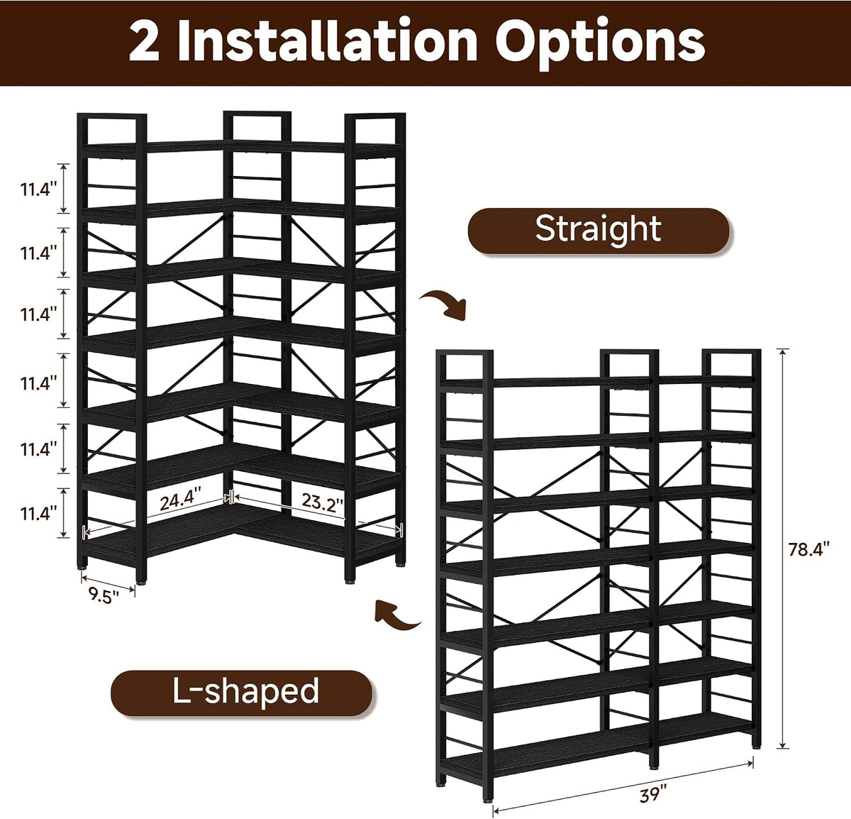 7-Tier Corner Bookshelf, Reversible Wooden Shelves, Industrial Bookcase with Open Shelves and Sturdy Metal Frame, Display Shelf Storage Rack for Living Room, Bedroom, Home Office (Black)