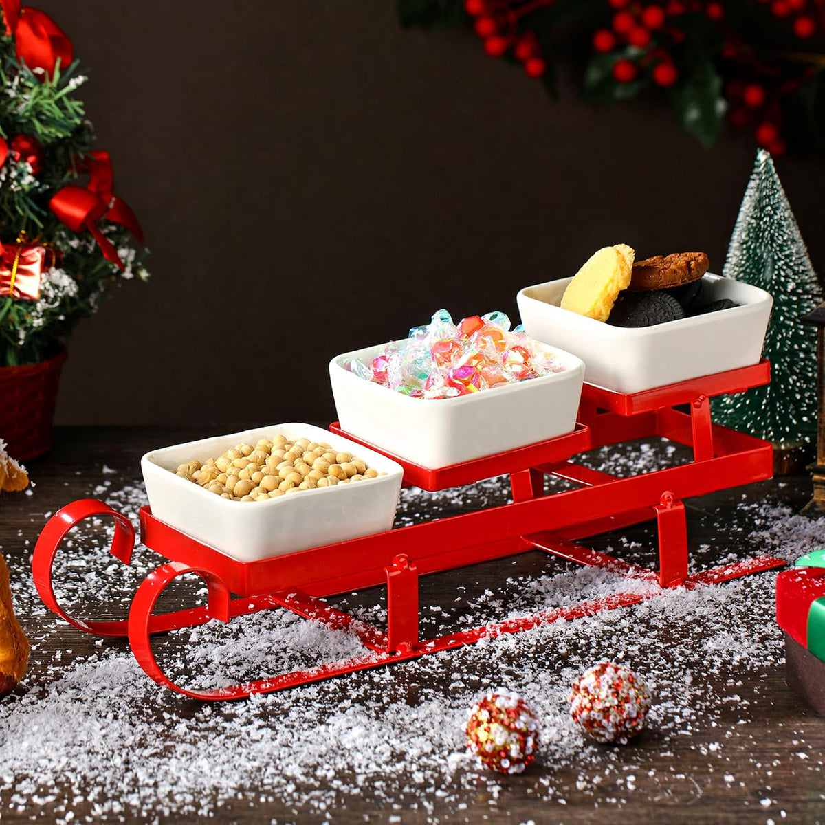 4 Pcs Christmas Sleigh Serving Dish 3 Tiered Ceramic Serving Bowl, Classic