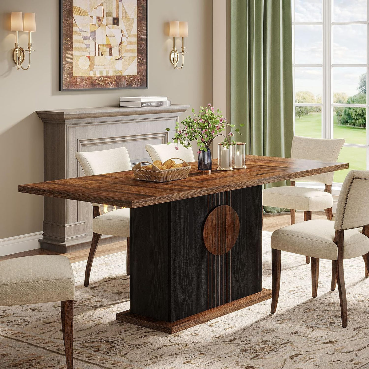 Tribesigns 55" Rectangular Dining Table for 4 to 6 People, Farmhouse Wood Dinner Table for Kitchen, Dining Room & Living Room (Rustic Brown & Black)
