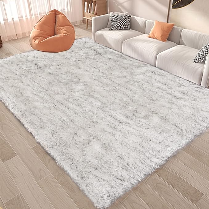 Latepis 10x14 White with Grey Tips Fur Rug - Image 2