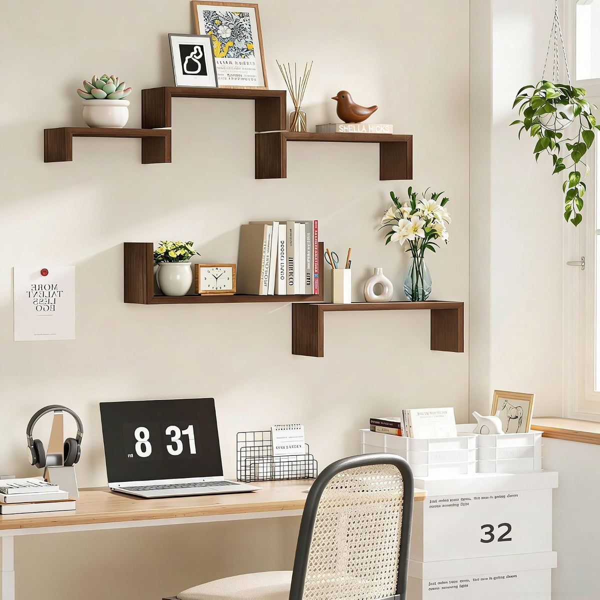 SRIWATANA Dark Walnut Floating Shelves, 5-Piece Set Wood Wall Storage Unit