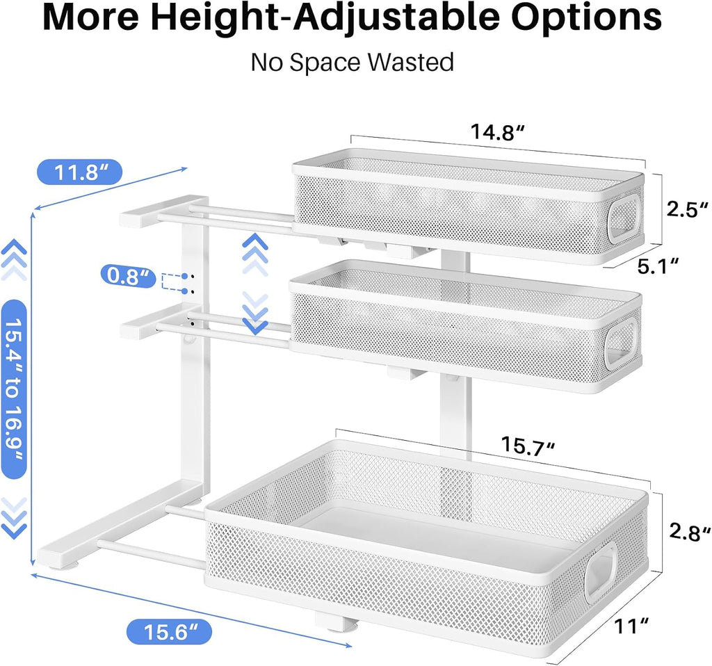 Under Sink Organizer, 3-Tier Thickened Metal Pull out Cabinet Organizer Shelf, Height Adjustable Slide out Storage Drawer Rack for Kitchen Bathroom Pantry Laundry Home Organization, 2-Pack, White