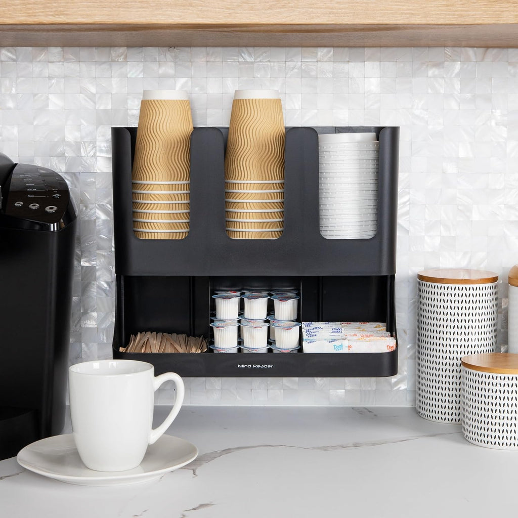 Mind Reader Condiment Station, 13 Inch Countertop Coffee Bar Organizer with 6 Compartments, Storage Caddy for Cups, Lids and Packets, Plastic, Black