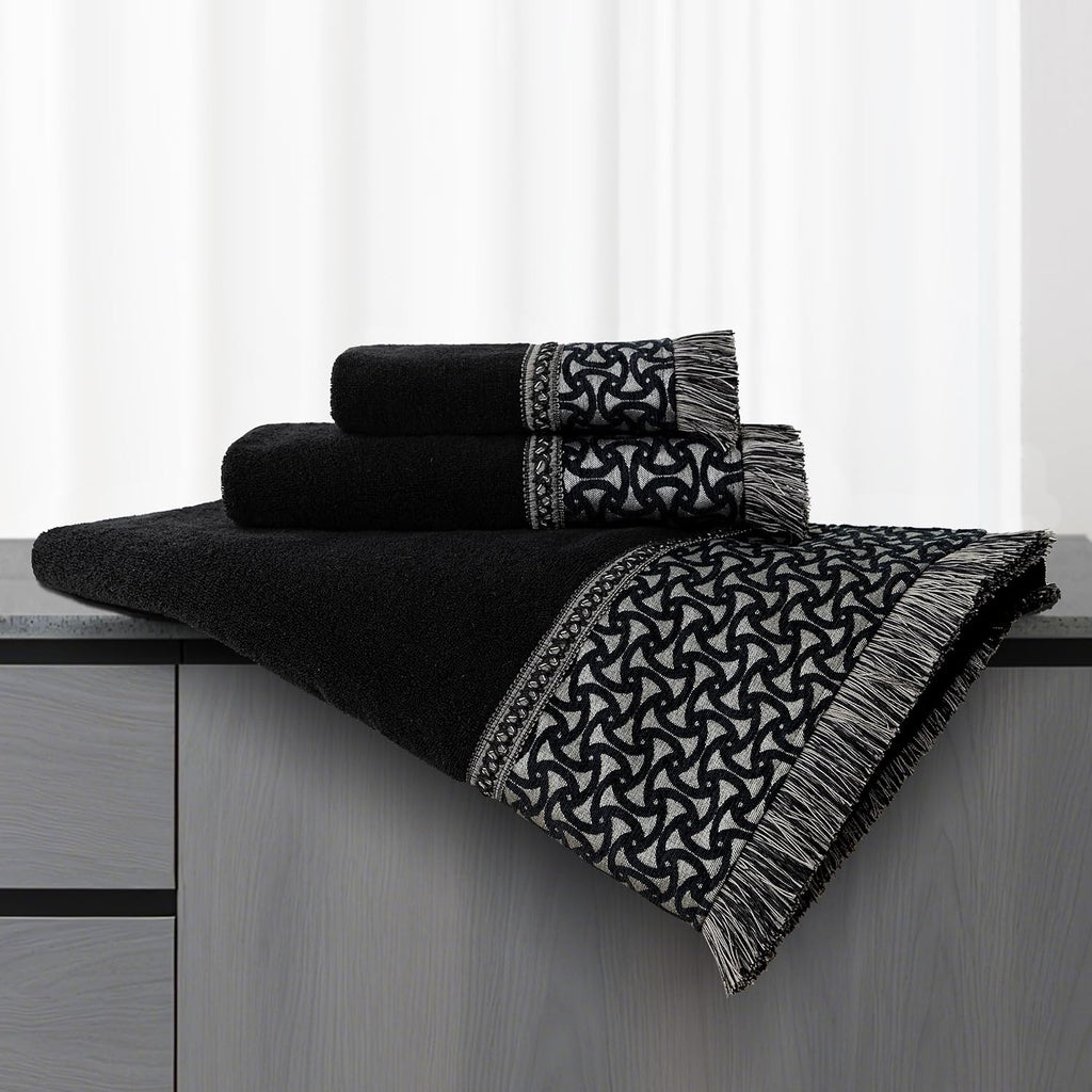 Loom and Mill Geometric Cotton Jacquard Bath Towel Set 3 Piece, Gray&Black