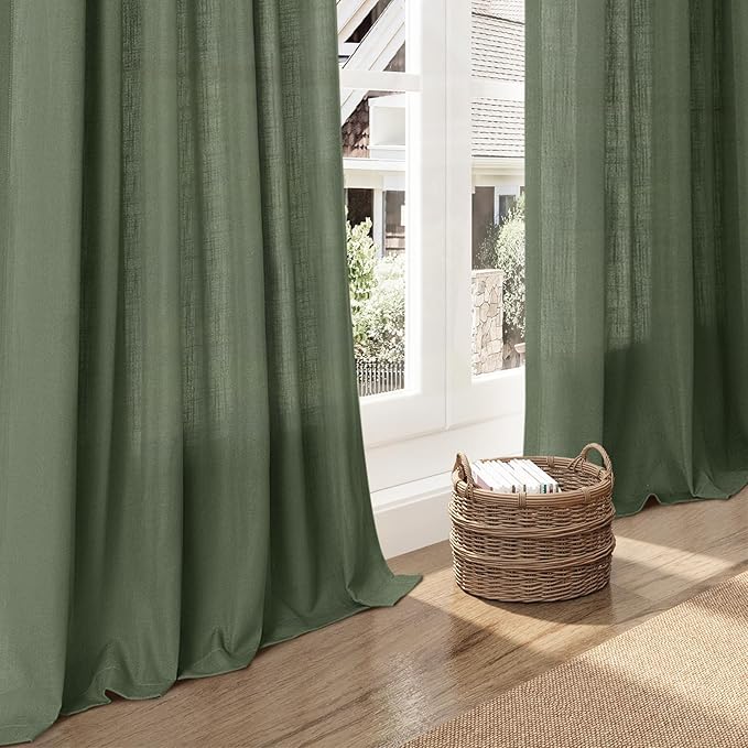 Nanspring Olive Green Linen Sheer Curtains - Image 8