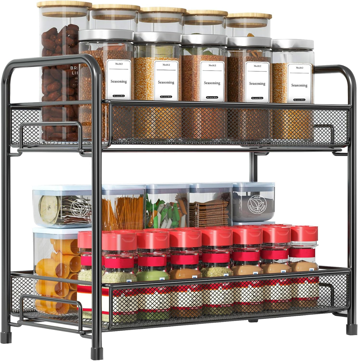 Spice Rack Organizer for Countertop,Xpatee 2-Tier Foldable Metal Rust-Proof Standing Large Seasoning Storage Shelf with Guardrail and Mesh Design for Kitchen Cabinet Bathroom Living Room Pantry, Black