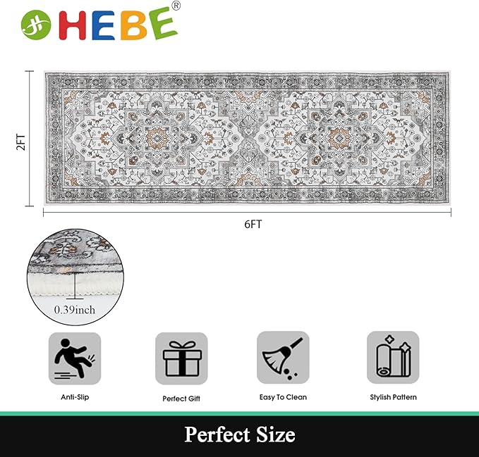 HEBE Hallway Runner Rug 2'x6' Washable Vintage Distressed Area Rugs Non Slip - Image 2
