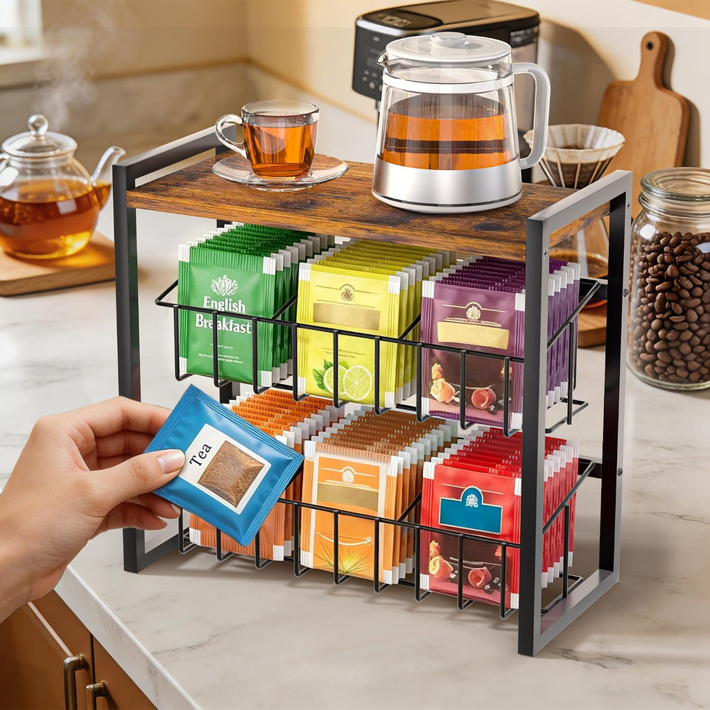 Tea Bag Organizer, 3 Tier Tea Bag Holder with 2 Removable Baskets, Wood and Metal Tea Organizers and Storage Chest for Countertop Kitchen, Office, Brown, Space-Saving Tea Storage Rack