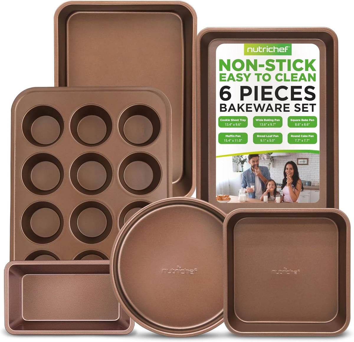NutriChef Stackable Non-Stick Baking Pan Set – Carbon Steel Bakeware Set w/ Cookie Sheet, Muffin & Loaf Pan, Double Coated for Easy Release, Oven & Dishwasher Safe, Resists Warping, – Easy to Clean