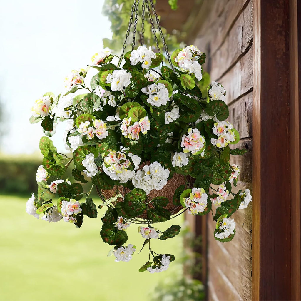 Artificial Geranium Flowers for Outdoor 2 Pcs Artificial White Flower Fake Flowers with Stems Silk Realistic Look Real Floral Arrangement for Front Door Porch Planter Patio Balcony (2 Pcs White)