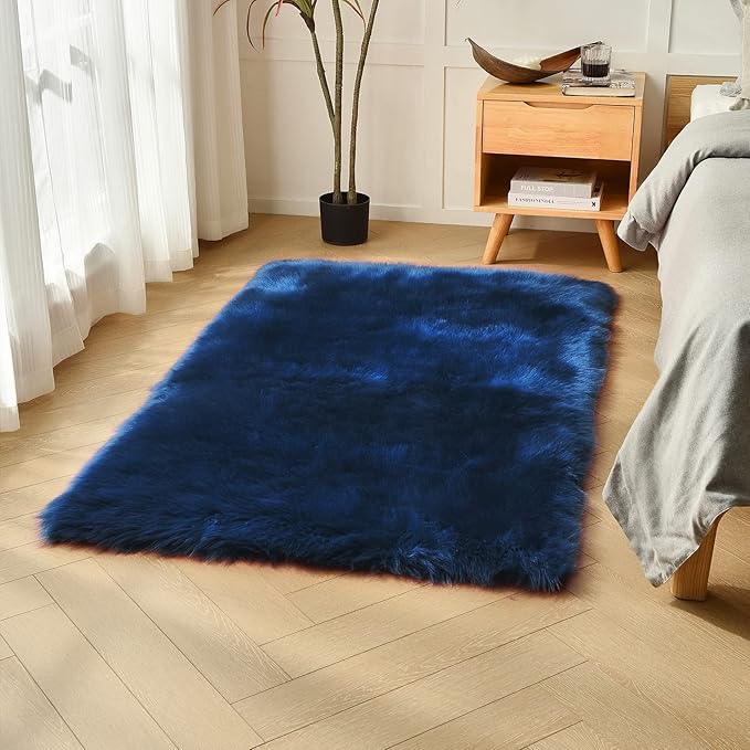 duduta Navy Blue Faux Sheepskin Fur Rug 3x5 ft, Fluffy Shag Bedroom Dorm by duduta