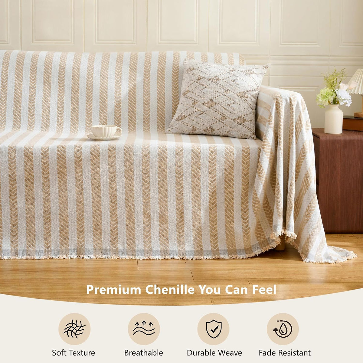 Carriediosa Herringbone Striped Chenille Couch Cover Blanket for Sofa