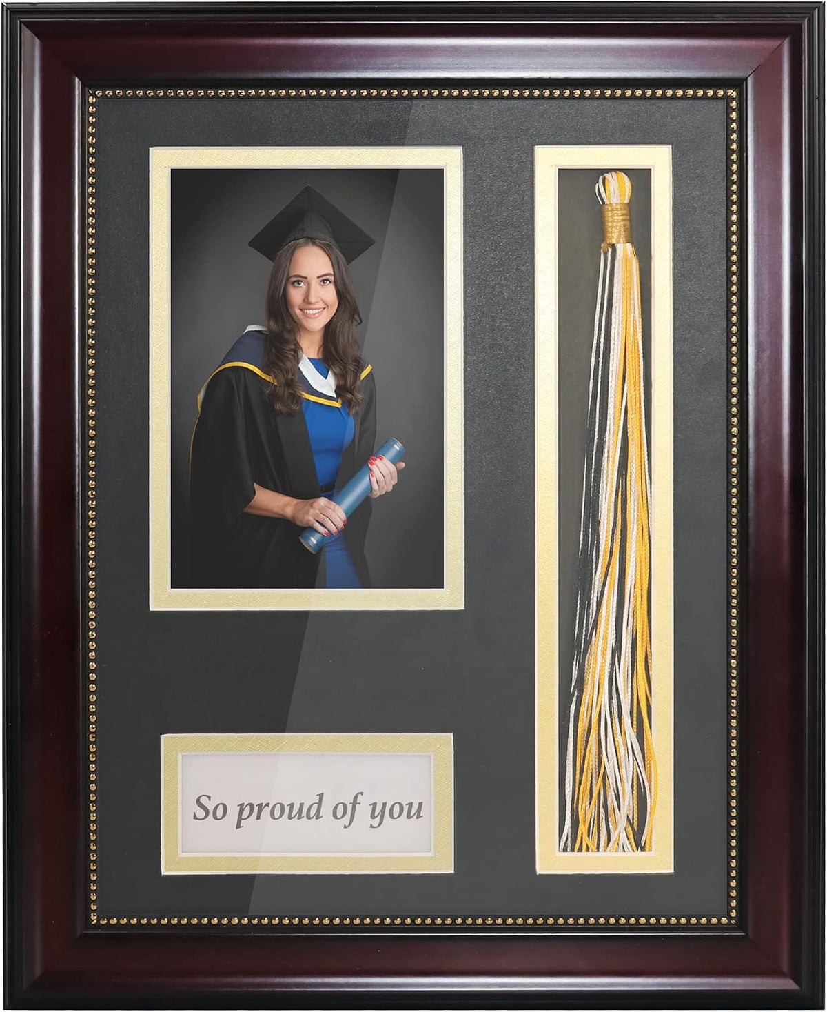 GraduationMall Graduation Photo Shadow Box Frame with Tassel Holder for 8x10 Pictures,Real Glass,Black Over Gold Double Mat,Wall & Tabletop Design