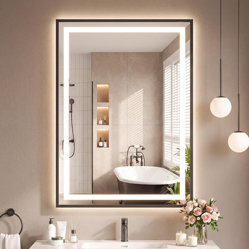 Antok 24X36 LED Bathroom Mirror with Lights, Vanity Mirror for Wall with Black Frame, Touch Control, Anti-Fog, Dimmable Lights, Shatter-Proof, Memory Function, Wall-Mounted Vanity Mirrors
