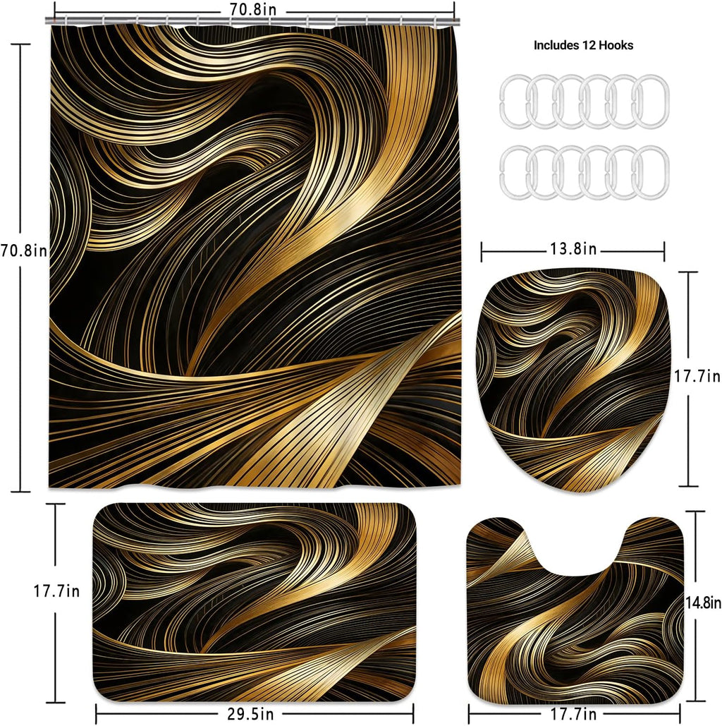 4pcs Shower Curtain Set Black Golden Strip Bathroom Decor with Rug