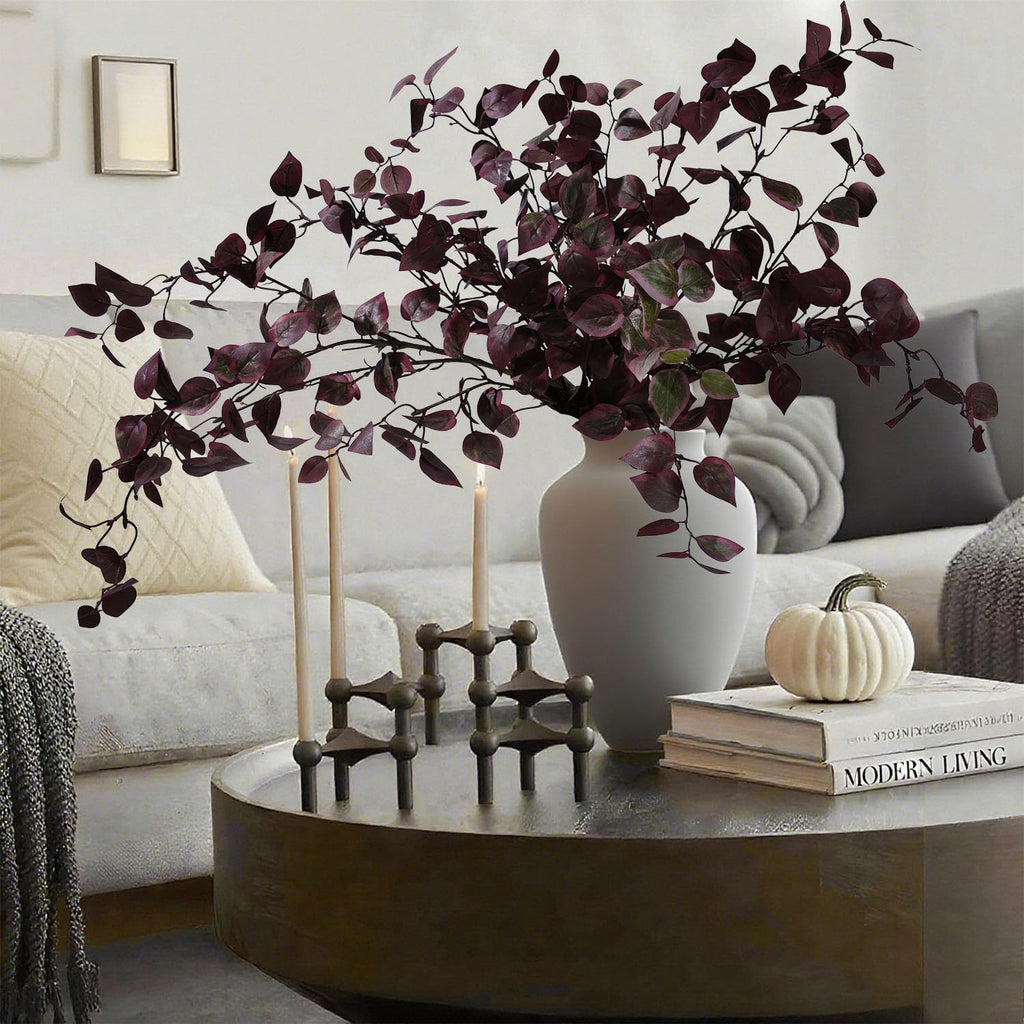 HyeFlora 5PCS Artificial Fall Eucalyptus Leaves Stem Plants, 32.7 inch Fake Leaves Autumn Greenery Branches Burgundy Shrubs Silk Faux Foliage DIY Stems for Thanksgiving Festival Home Kitchen Farmhouse