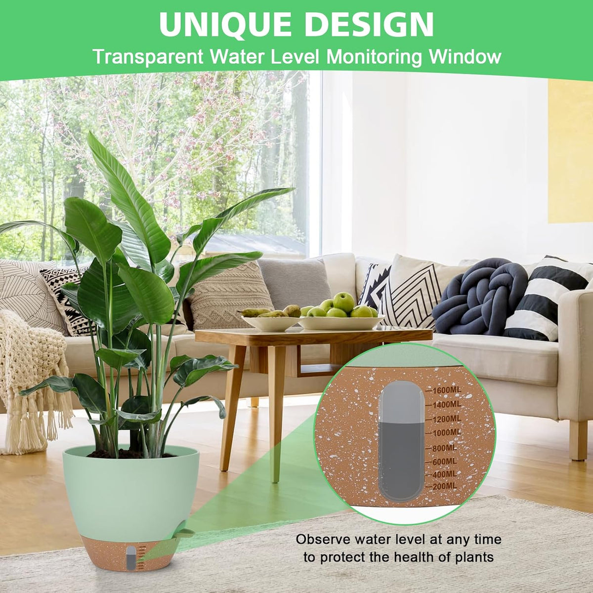 Self Watering Planter for Indoor Plants, 12" 10" 9" 8" Plastic Large Flower Pot Set with Water Level Indicator Deep Reservoir Saucer, Big House Bottom Watering Plant Pots with Drainage Hole - Green