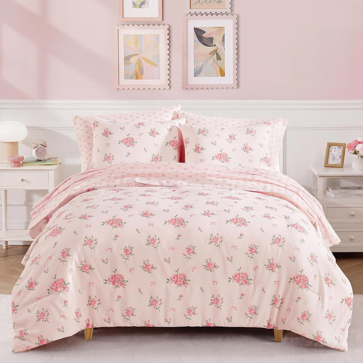 Full Size Comforter Sets for Girls - 7 Pieces Blue Bow Bed in a Bag