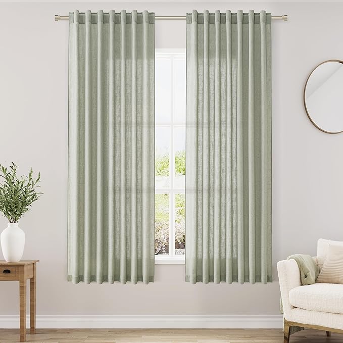 Nanspring Sage Green Linen Curtains 63 Inches Length 2 Panels Set by Nanspring