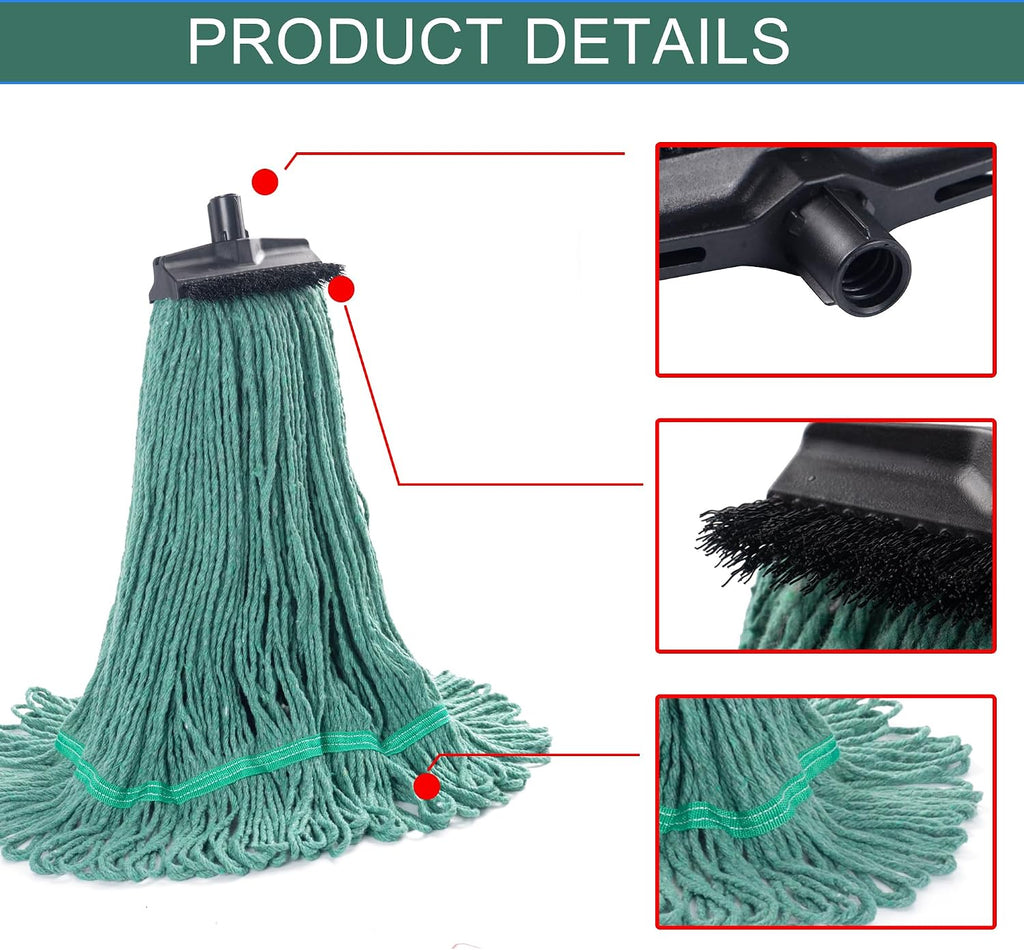 Matthew Large Heavy Duty Mop Head Commercial Replacement for General and Floor Cleaning, Screw-on Wet Industrial Cotton Looped End String Head Refill (Green 6Pack) w/Built-in Flexible Bristle Brush