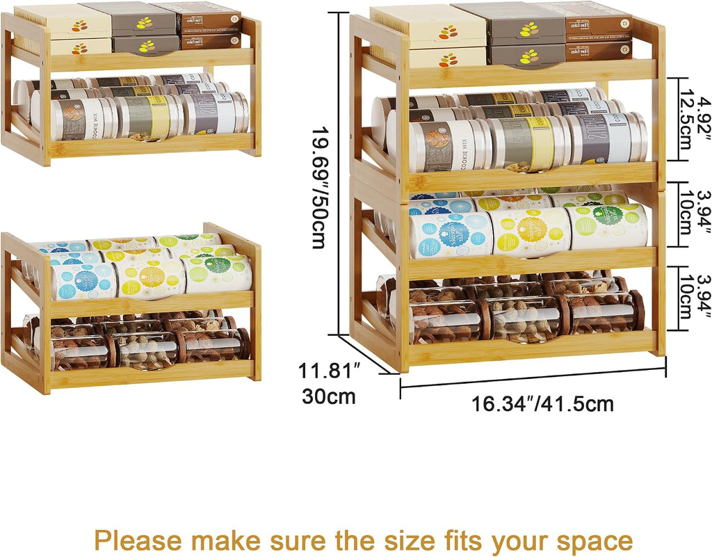 BAMBANG Can Organizer for Pantry, 4 Tier Stackable Bamboo Canned Food Storage Rack, Rolling Soda Can Dispenser Holds Up to 48 Cans, Detachable Can Organizer for Cabinet, Natural