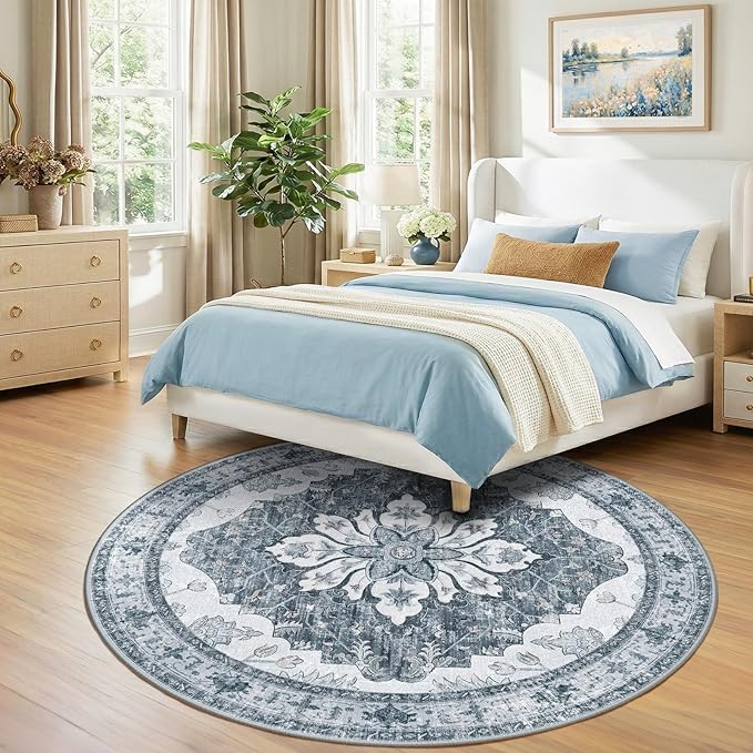 Area Rugs 7ft Washable Non-Slip, Floral Vintage Distress Print Pattern - Image 2
