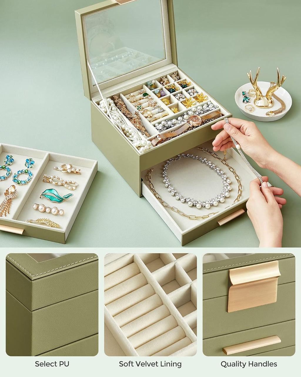 SONGMICS Jewelry Box Organizer, 3-Layer Storage with 2 Drawers, Glass Lid