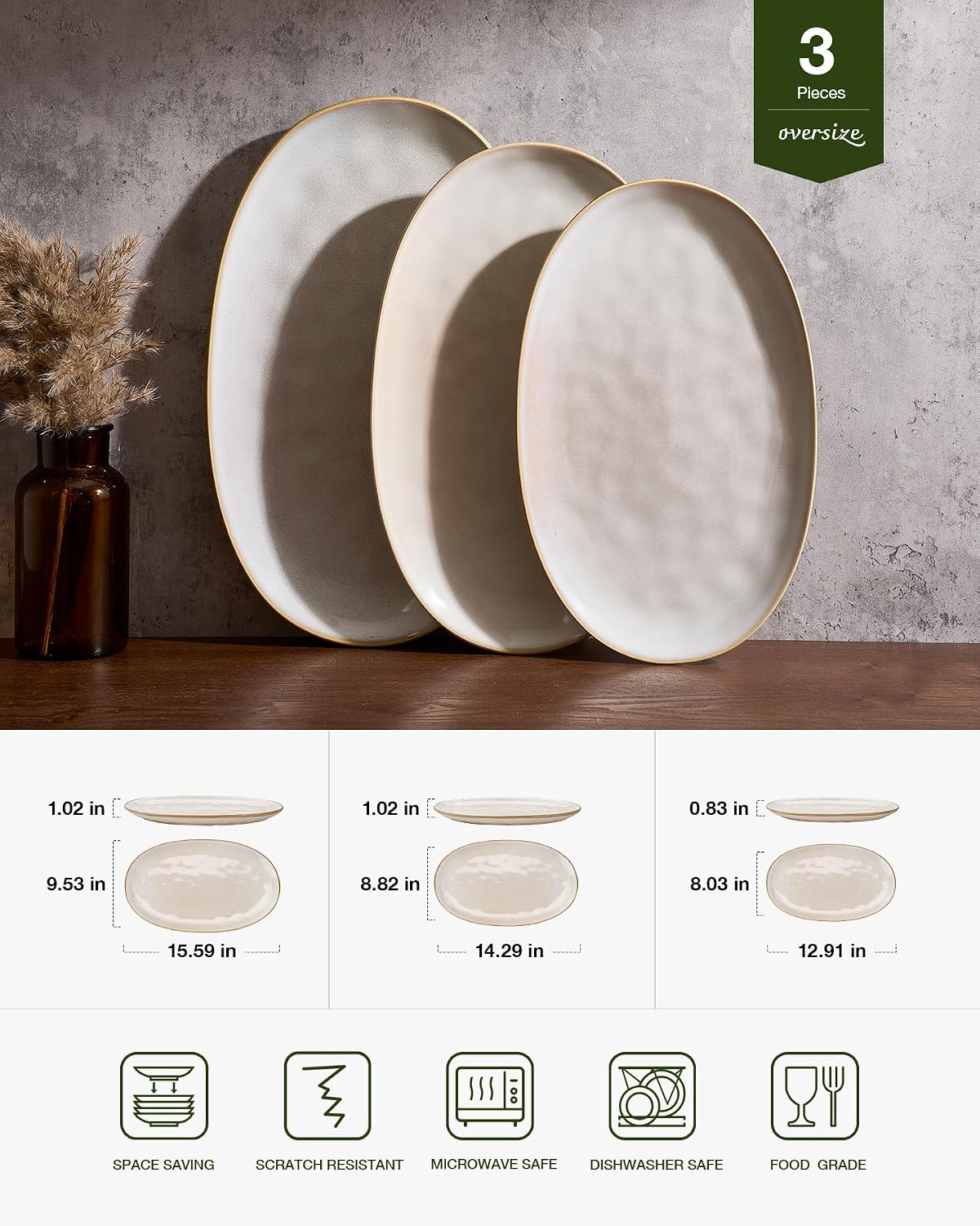 famiware Serving Platters Set of 3 Sizes - Oval, Cappuccino White