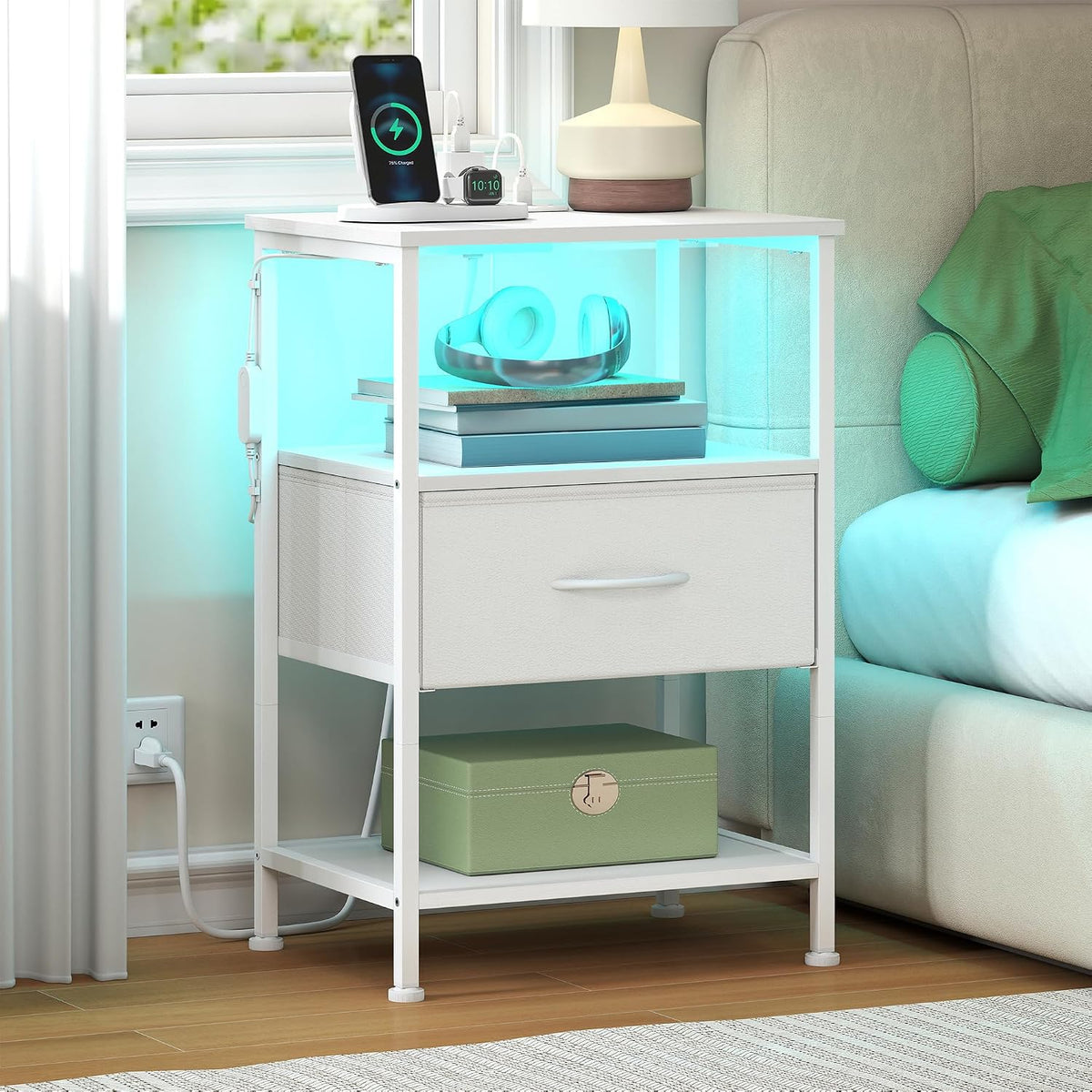 SONGMICS Nightstand with Charging Station, 1 Fabric Drawer
