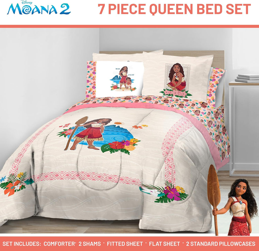 Disney Moana Queen Comforter Set 7 Piece Kids Bedding for Girls, Beige