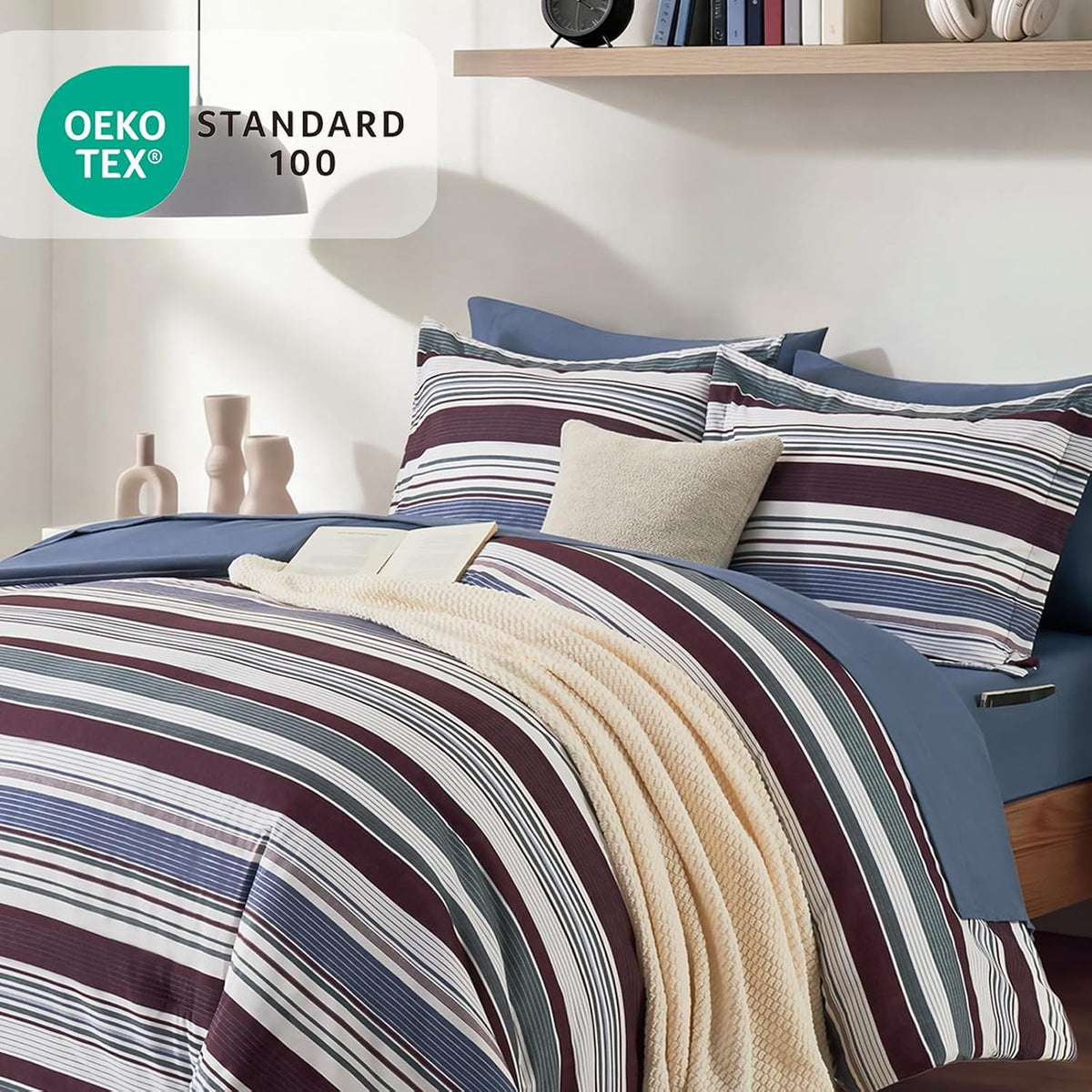 Monbix Queen Comforter Set-7 Pieces Striped Bed in a Bag Queen Bedding Sets