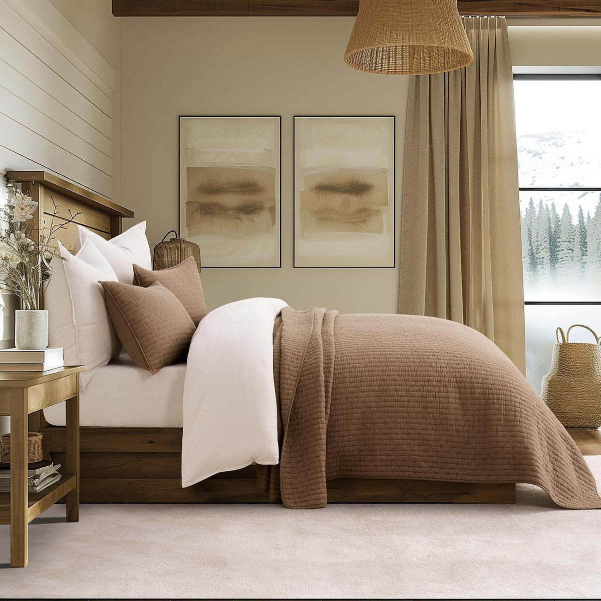 EVERGRACE 100% Cotton Cross Stitch 3-Piece Quilt Set, King, Camel Brown