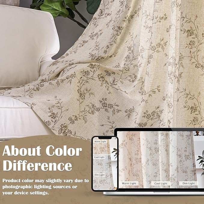 Lazzzy Farmhouse Linen Curtains Extra Long Taupe Floral Curtains 108 Inch - Image 6
