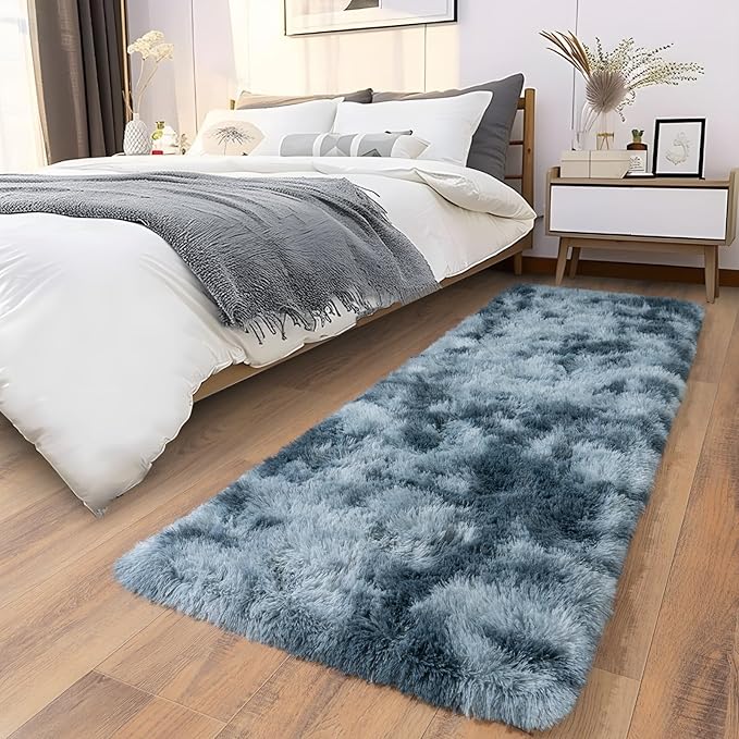 Soft Runner Rugs for Bedroom Hallways, 2x5 Tie-Dyed Blue Grey Fluffy Shag Throw - Image 5