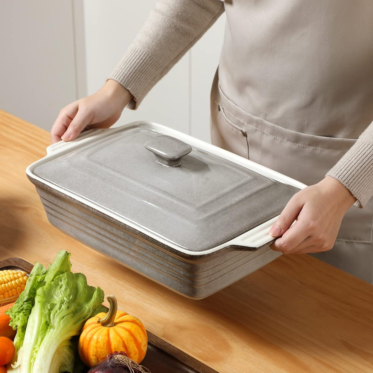 LOVECASA 4.5 Quart Ceramic Casserole Dish with Lid, 9x13 Baking Dish for Oven, Lasagna Pan Deep with Handles, Stoneware Bakeware, Oven & Dishwasher Safe, Grey