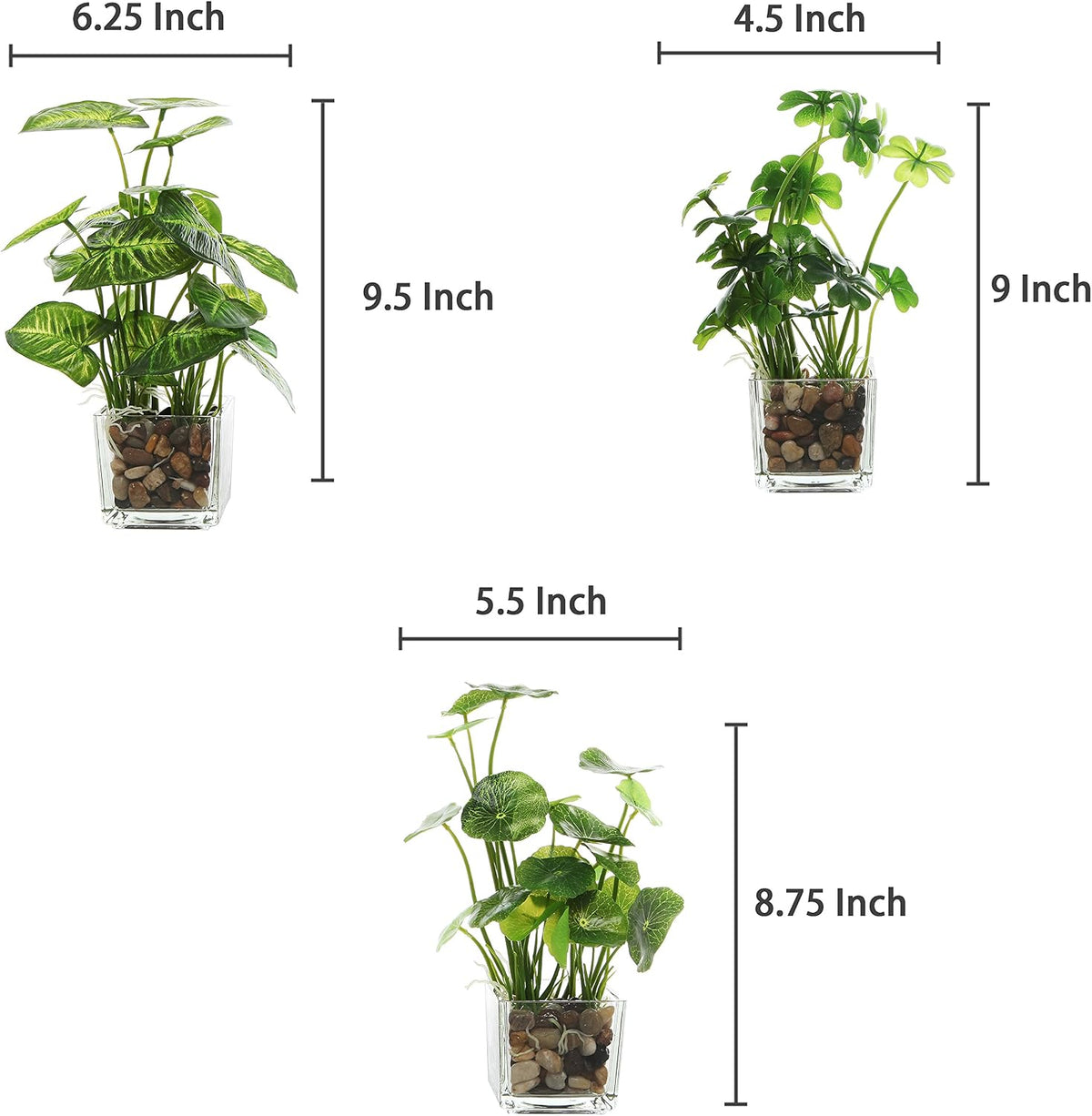 MyGift Set of 3 Small Assorted Artificial Plants in Clear Glass Pot