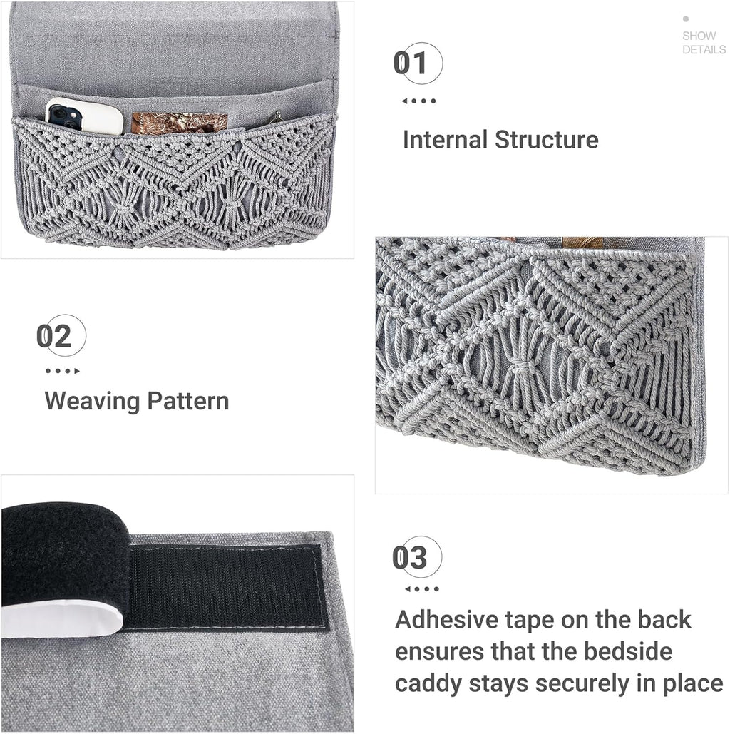 Mkono Macrame Bedside Caddy, Boho Bed Storage Organizer, 4 Pockets Grey